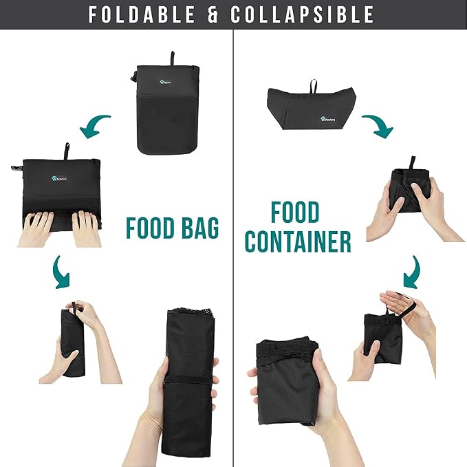 PetAmi Travel Dog Food Bag with 2 Collapsible Bowls, Black & Grey