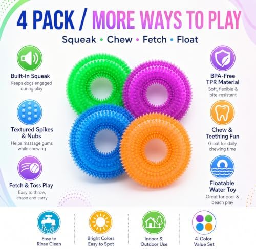 Dog Chew Toy, Squeaky Floating Donut Rings, 4-Pack, Aggressive Chewers