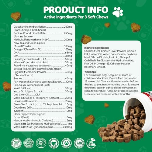 Dog Hip & Joint Supplement – 25-in-1 Glucosamine Chews for Dogs, Chicken Flavor – with MSM, Green Lipped Mussel, Turmeric, Yeast, Omegas & Vitamins – Mobility Support for All Breeds & Ages, 200 ct