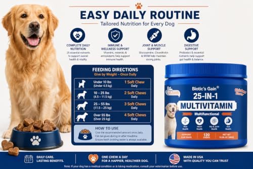 Biotic’s Gain 25-in-1 Multivitamin for Dogs | Chicken Flavour Soft Chews | Supports Skin, Heart, Hip & Joint and Gut Health | Daily Nutrient Boost for All Breeds (25 in 1 Multivitamins)