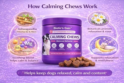 Biotic’s Gain Calming Chews for Dogs – Soft Calming Supplement with L-Theanine, Magnesium, Chamomile & Postbiotics – Supports Relaxed Behaviour & Daily Calm (120, Calming Chews)