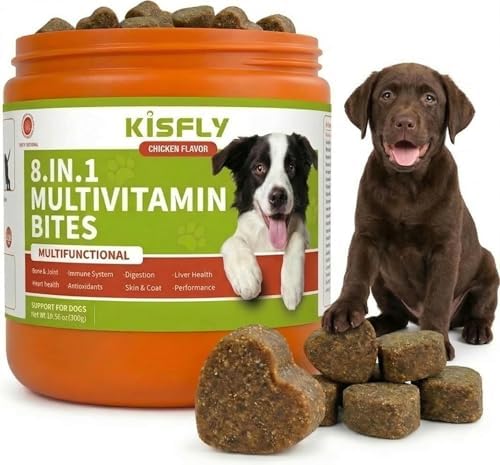 8-in-1 Dog Multivitamin Chews with Probiotics, Glucosamine & Omega 3 | Tasty daily soft chews help support overall wellness, digestion, mobility and a healthy coat for dogs of all ages.