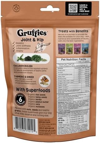 Gruffies Joint & Hip Dog Treats, Peanut Butter Soft Treats with Turmeric, Ginger & Flaxseed, USDA Organic, Non-GMO, Soy-Free, Wheat-Free, Corn-Free, Made in Canada, 6 oz (Pack of 1)