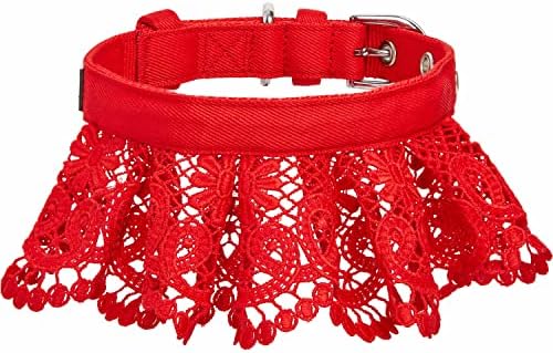 Blueberry Pet Floral Lace Adjustable Dog Collar in True Red with Metal Buckle, Neck 9-12.5", for Small Breed