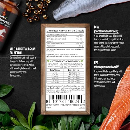 Wild Alaskan Salmon Oil for Dogs and Cats | Omega 3 Fish Oil Soft Gel Capsules | Skin and Coat, Joint and Heart Support | 500mg EPA DHA | 60 Count