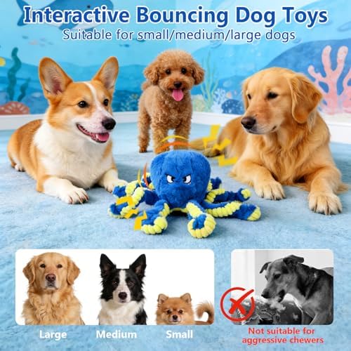 ETACCU Interactive Dog Toys Octopus, Moving Dog Toy to Keep Them Busy | Durable Automatic Jumping Dog Toy Bouncing Dogs Toy Squeaky Moving Tug of War Doggie Toy for Small Medium Large Dogs (Blue)