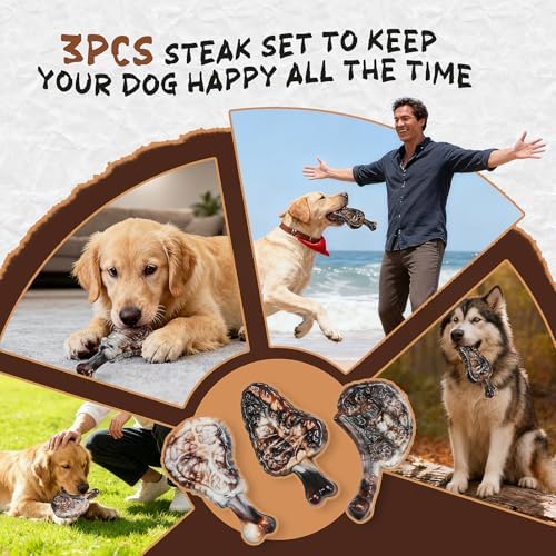 Dog Chew Toys for Aggressive Chewers,3 Tough Dog Toys for Medium and Large Breed, Real Bacon Flavored Best Dog Toys to Keep Them Busy, Dog Bones Steak for Teeth Cleaning and Training (Brown)