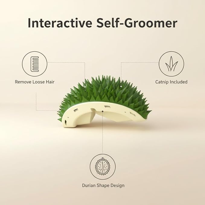 Durian Shaped Cat Self Groomer & Scratch Brush - Funny Fruit Design Cat Massage Brush for Shedding and Itch Relief, Plush Grooming Station with Handle
