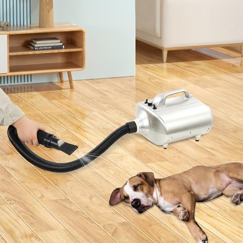 High Velocity Dog Dryer, 3600W Professional Pet Hair Force Dryer with Flat & Round Nozzle, 229.66 ft/s Dog Grooming Blower with Adjustable Airspeed & Temp for Home Pet Care Beauty Shops (Silver)