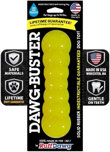 Ruff Dawg Indestructible Dawg-Buster Medium Yellow – Heavy-Duty Solid Rubber Dog Chew Stick for Dogs Under 40 lbs – Floats & Bounces – Made in USA
