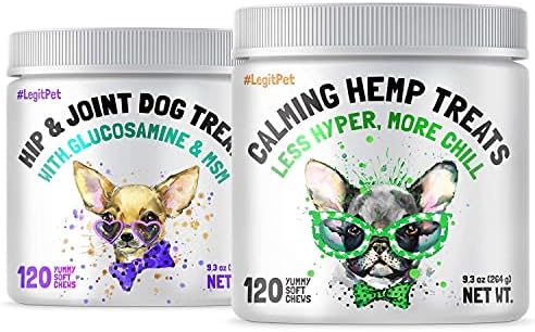 LEGITPET Calming Hemp Treats for Dogs 120 Soft Chews and Hemp Hip & Joint Supplement for Dogs 120 Soft Chews Bundle - Natural Pain Relief and Mobility - Dog Anxiety Relief - Made in USA