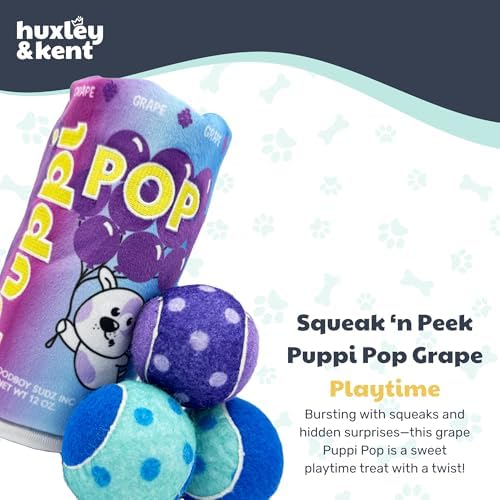 Huxley & Kent Interactive Funny Dog Toy w/Squeaker - Power Plush Ball and Treat Hiding Toy - Cute and Funny Soft Puzzle for Small & Large Dogs - Squeak'n Peek Puppi Pop Grape, Small | Hidden Treat Pocket with H&K Tennis Balls, Crinkle & Squeaker, Menta...
