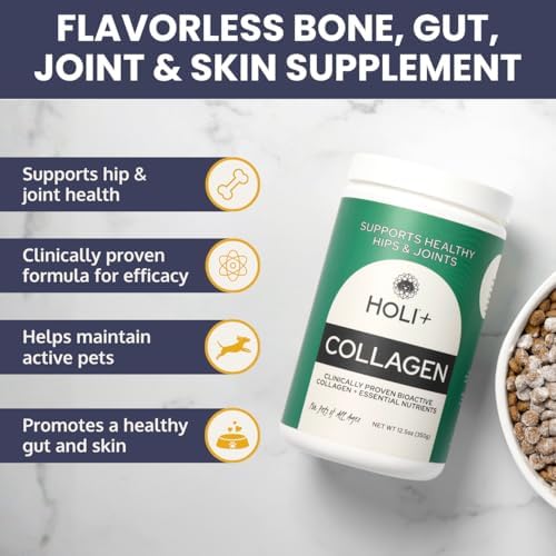 HOLI+ Collagen Supplement for Dogs - Hip and Joint Care Collagen Powder with Glucosamine and Hyaluronic Acid - Easy to Mix Functional Topper