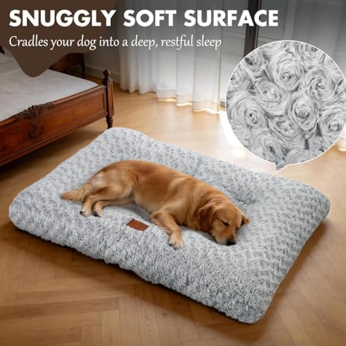 Dog Bed Crate Pad - Rosette Pattern White Velvet Pet Bed Anti-Slip Comfy Kennel Pad for Crates Rosette Grey XL