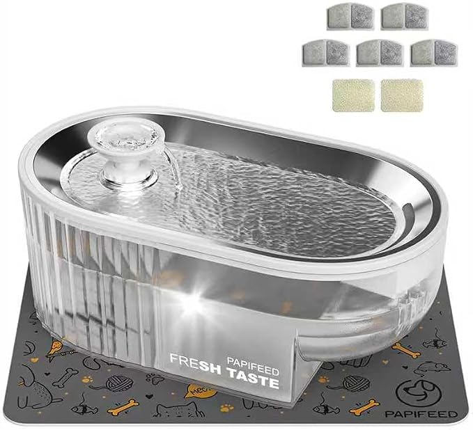 Cat Water Fountain Stainless Steel with a Silicone Mat, 84oz/2.5L Automatic Cat Water Fountain with Water Level Window and LED Light, Quiet Low Power Cat Water Bowl & Cat Water Dispenser(White)