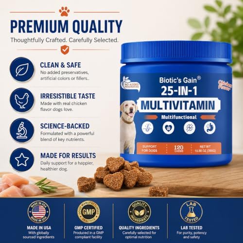 Biotic’s Gain 25-in-1 Multivitamin for Dogs | Chicken Flavour Soft Chews | Supports Skin, Heart, Hip & Joint and Gut Health | Daily Nutrient Boost for All Breeds (25 in 1 Multivitamins)