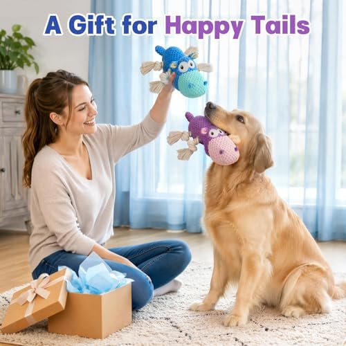 TOOPTATE 2-Pack Squeaky Hippo Dog Toys, Blue & Purple, Medium | Cute Plush Design, Rope Legs for Tugging, Helps Keep Dogs Busy, Suitable for Small, Medium, and Large Dogs