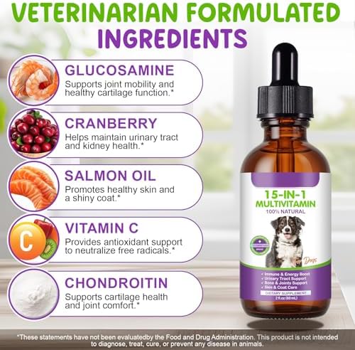Dog Multivitamin Drops, 15 in 1 Multivitamin Liquid - Dog Vitamins with Glucosamine & Cranberry, Supports Joint, Digestion, Skin & Coat Health, Dog Supplement for Dogs of All Ages, Bacon Flavor, 60 ml