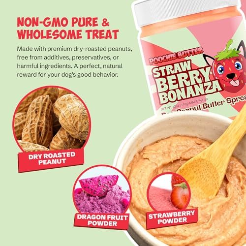 Poochie Butter Strawberry Dog Peanut Butter - Made in USA, Creamy Spread for Lick Mats & Food Toppers - Dry-Roasted Peanuts Non-GMO No Sugar Added Dog Treats - 12 oz (Pack of 1)