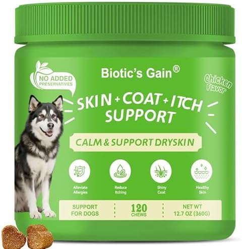 Biotic’s Gain Dog Skin & Coat Soft Chews Supplement – Omega-3 EPA & DHA, GLA, Zinc & Biotin to Support Healthy Skin and a Shiny Coat (120, Skin & Coat)