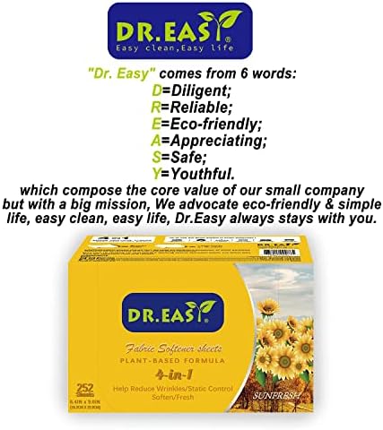 DR.EASY Dryer Sheets Plant Based Formula 252 Ct Fabric Softener sheets for Laundry Sunfresh Essential Oil Scented No Artificial Fragrances No Dyes Reduce Static & Wrinkles Help Repel Pet Hair