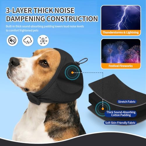 BRKURLEG Dog Ear Cover Noise Protection, Thick Padded Ear Wrap, Black, S | Adjustable Calming Hoodie for Anxiety Relief, Anxiety Relief Head Cover, for Firework, Thunderstorm, Grooming & Winter Warmth