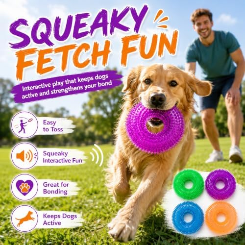 Dog Chew Toy, Squeaky Floating Donut Rings, 4-Pack, Aggressive Chewers