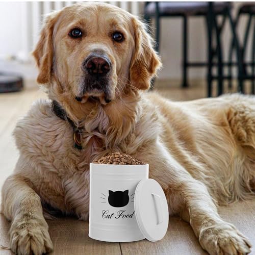 DOITOOL Metal Pet Food Storage Container with Airtight Seal, White Iron Dog and Cat Food Bin for Home Use, Sturdy Animal Treat Canister with Lid for Kitchen Counter