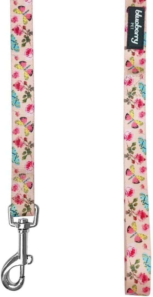 Blueberry Pet 9 Patterns Durable Spring Scent Inspired Rose and Butterfly Print Pastel Pink Dog Leash 4 ft x 1", Large, Leashes for Dogs