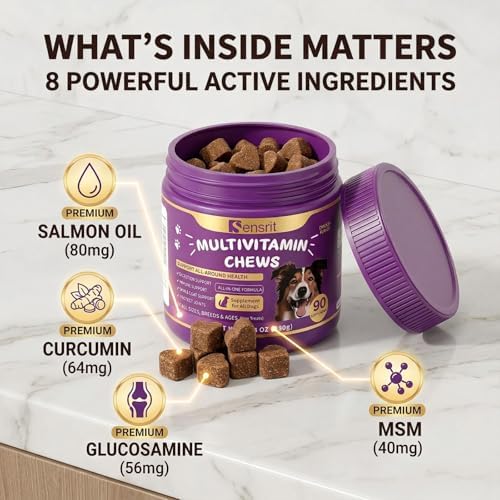 8-in-1 Dog Multivitamin - 90 Soft Chews, Chicken Flavor - Glucosamine, MSM, Chondroitin & Salmon Oil - Support Joint, Immune, Skin & Coat, Digestion for All Ages & Breeds Dogs.