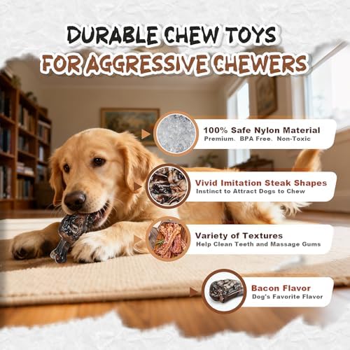 Dog Chew Toys for Aggressive Chewers,3 Tough Dog Toys for Medium and Large Breed, Real Bacon Flavored Best Dog Toys to Keep Them Busy, Dog Bones Steak for Teeth Cleaning and Training (Brown)