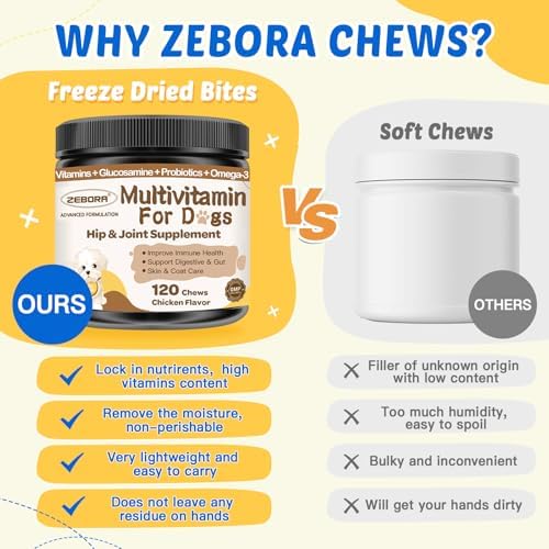 ZEBORA Dog Multivitamin - Vitamins and Supplements - 120 Freeze-Dried Chews | with Probiotics, Glucosamine and Omega 3 for Dogs Digestive Health, Immunity, Joint, Hip, Skin and Coat