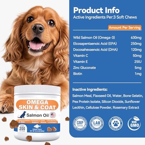 Omega 3 Fish Oil for Dogs - Dog Skin and Coat Chews with EPA DHA, Wild Salmon Oil, Glucosamine, MSM, Collagen- Pet Fish Oil Supplement to Support Gut Joints Heart Eyes Immune, 200 Ct