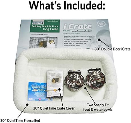 MidWest Homes for Pets Double Door iCrate Starter Kit, 30-inch Dog Crate Bundle for Medium Breeds, Includes Cage, Pet Bed, 2 Bowls and Privacy Cover