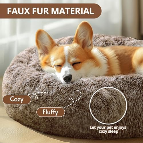 JOLLYVOGUE 31" Calming Donut Dog Bed, Smoke Brown