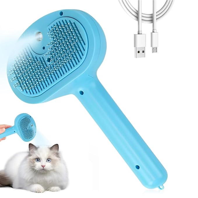 3 in 1 Cat Steam Brush Pet Spray Hair Removal Comb, 2025 New Upgrade Pet Steam Groomer Brush, Steam Dog Brush for Shedding Pets Grooming Comb for Massaging and Cleaning (Blue)