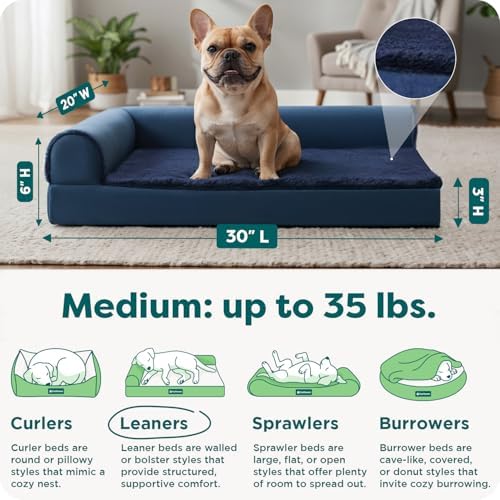 FurHaven Cooling Gel Dog Bed for Medium Dogs, L-Shaped Chaise with Cool Gel-Top Foam with a Solid Orthopedic Foam Base for Joint Support, Washable Cover, Medium, Plush & Velvet, Deep Sapphire
