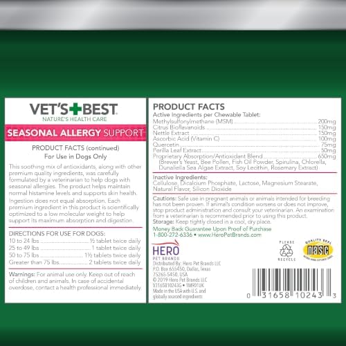 Vet's Best Seasonal Allergy Chewable Tablets for Dogs, Soothes Dog, 60ct