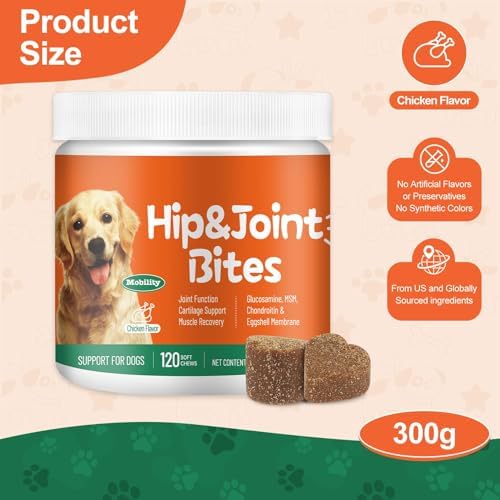 Hip & Joint Health Supplement for Dogs, 120 Soft Chews, Glucosamine Chondroitin MSM Dog Chews with Hyaluronic Acid, Chicken Flavored Bone & Joint Support for All Breeds