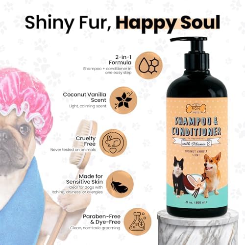 POM Pets 2-in-1 Organic Dog Shampoo & Conditioner – Itchy Skin Relief, Dog Deshedding, Detangles Fur, Cat Shampoo, Paw Cleaner for Dogs, Natural Coat Defense Formula