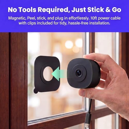No-Drill Window Camera, 3MP 2K Camera for Home Security, View Outside Through Glass, Color Night Vision, Motion Alerts, 24/7 Recording, Dual-Band WiFi (Black, Dome)