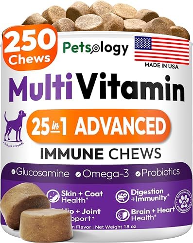 25-in-1 Dog Vitamins and Supplements - 250 Chews Dog Multivitamin Chewable | Glucosamine, Probiotics, Omega 3 for Dogs Skin & Coat, Hip & Joint, Gut, Brain & Immune Support, Senior & Puppy Multivitamin