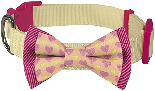 Blueberry Pet 4 Patterns Heart and Stripe Handmade Detachable Bow Tie Adjustable Dog Collar in Fresh Cream, Medium, Neck 14.5"-20"