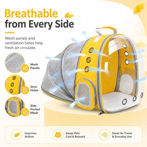 Cat Backpack Carrier Back Expandable Bubble Pet Carrier Backpack for Large Cat, Kitten and Dog, Designed for Hiking, Travelling and Outdoor Use (Back Expandable-Yellow)