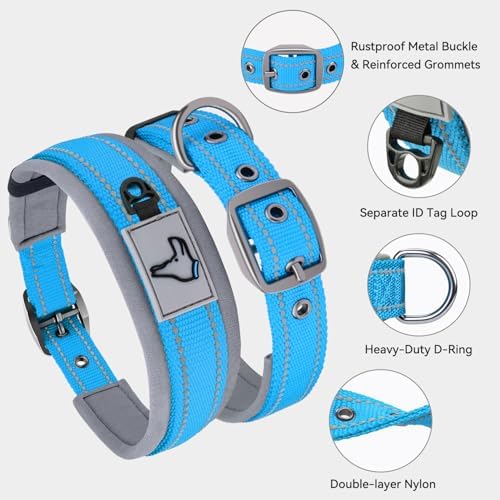 Joytale Reflective Dog Collar for Large Dogs with Wide Padding, Sky Blue