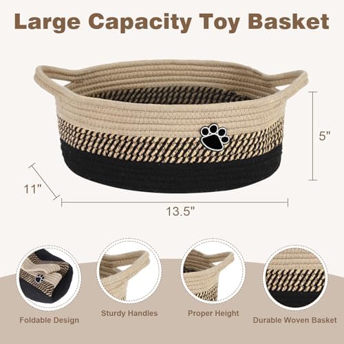Optish Dog Toy Basket, Toy Box and Bin for Dog Cat Storage, 13.5" X 11" X 5" Small Woven Rope Basket for Baby Storage, Closet, Living Room, Brown & Black