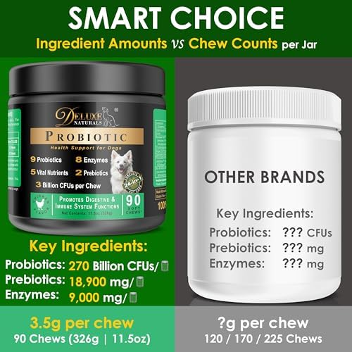 Probiotic Soft Chews for Dogs – 270 Count (3 x 90ct) – Digestive & Immune Support with 9 Probiotics, 8 Enzymes, 2 Prebiotics & 5 Vital Nutrients – Chicken Flavor