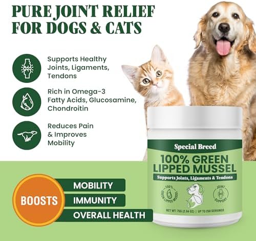Green Lipped Mussel Powder for Dogs & Cats - 100% New Zealand Green Lipped Mussels - Natural Hip & Joint Supplement for Joints, Tendons, Ligaments, Muscles - 75 Grams - Up to 250 Servings
