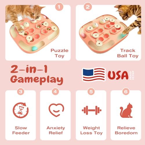 KADTC 2-in-1 Cat Puzzle Toy & Track Balls, Interactive Slow Feeder for Cats | Large Activity Board: 2 Play Modes, 2 Challenge Levels, No Loose Parts; Eases Indoor Boredom, Burns Energy, Curbs Fast Eating