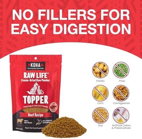 KOHA Raw Life Freeze-Dried Raw Topper Beef for Dogs and Cats, High Protein Meal Topper for Picky Eaters with Probiotics, 8oz Bag